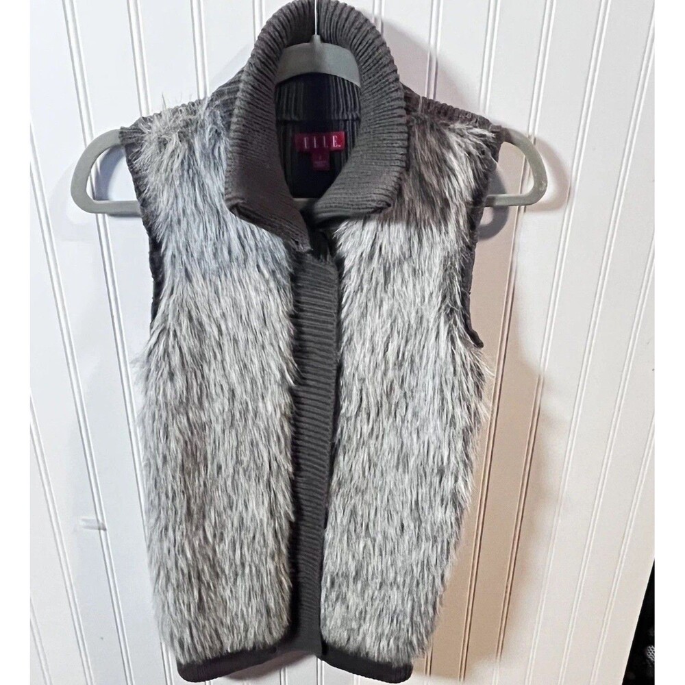 Elle Gray Faux Fur & Sweater Vest Snap Buttons Women’s Cotton Knit Back Small